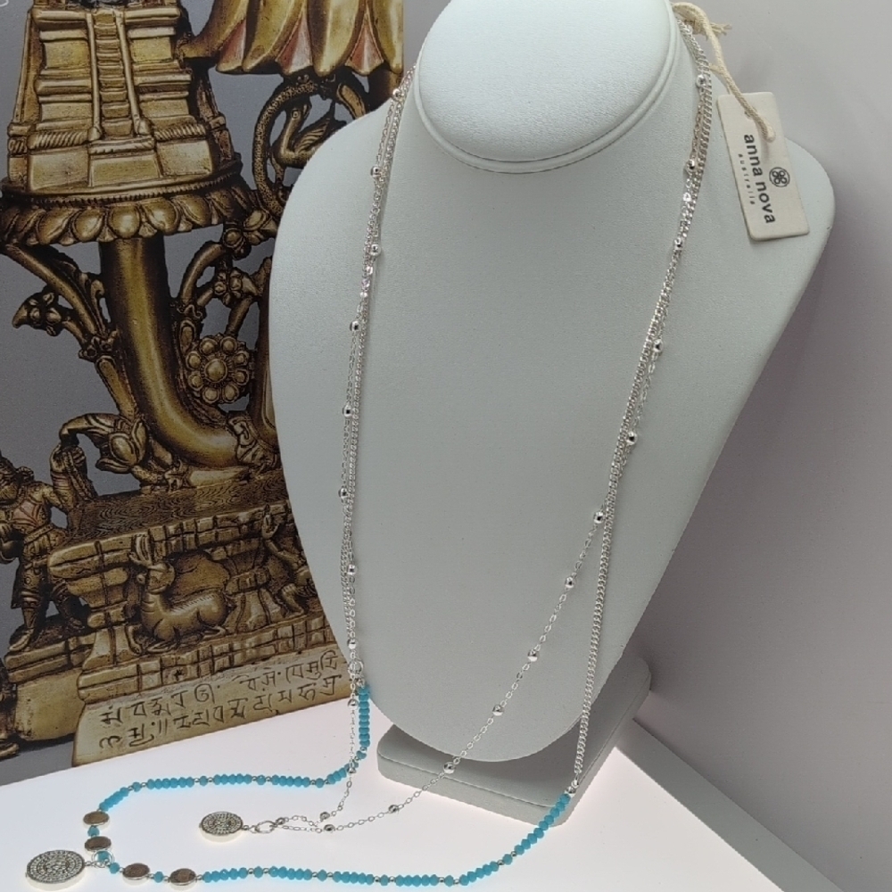 Silver and Blue Beaded Necklace with Tassel - Picture 4 of 4